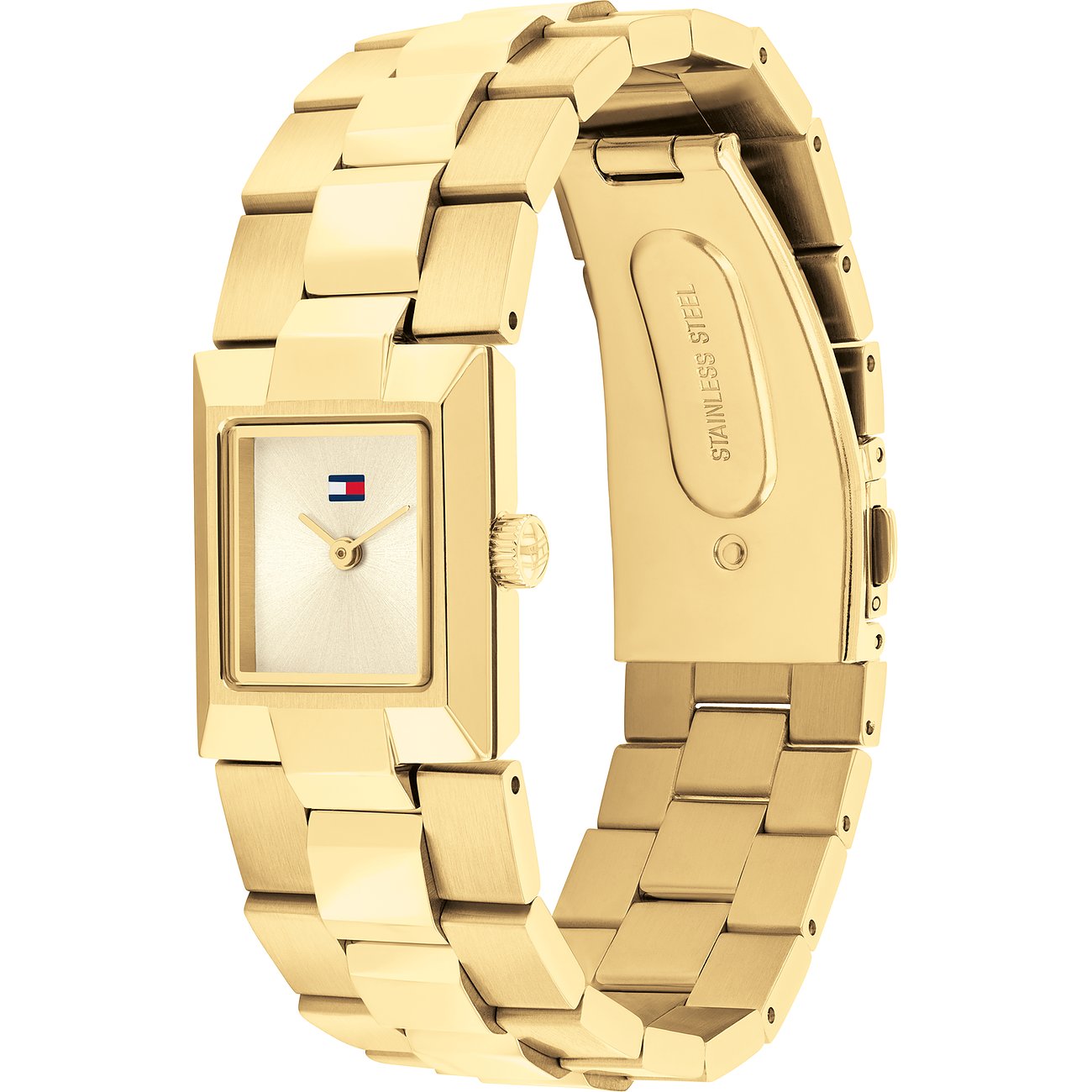 Tommy Hilfiger Damenuhr mit Edelstahlgehäuse, goldfarben, analog.