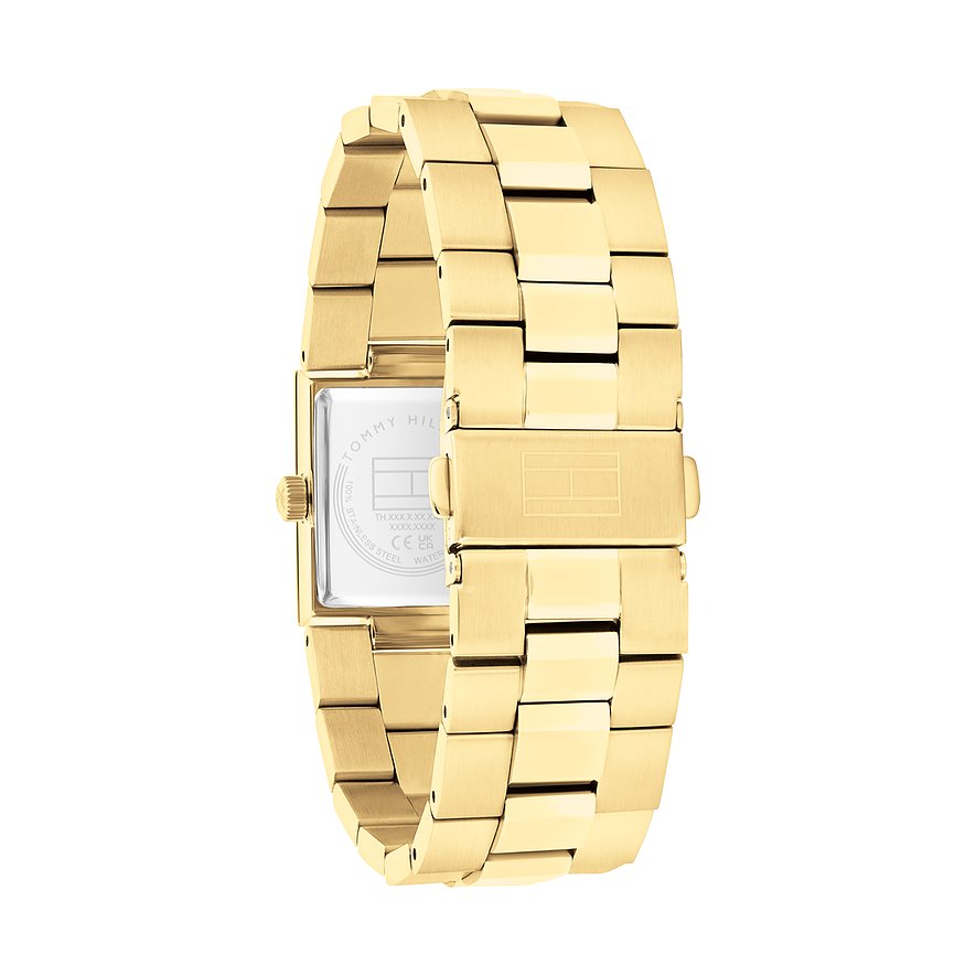 Tommy Hilfiger Damenuhr aus Edelstahl, goldfarben, mit rechteckigem Gehäuse und Gliederarmband.