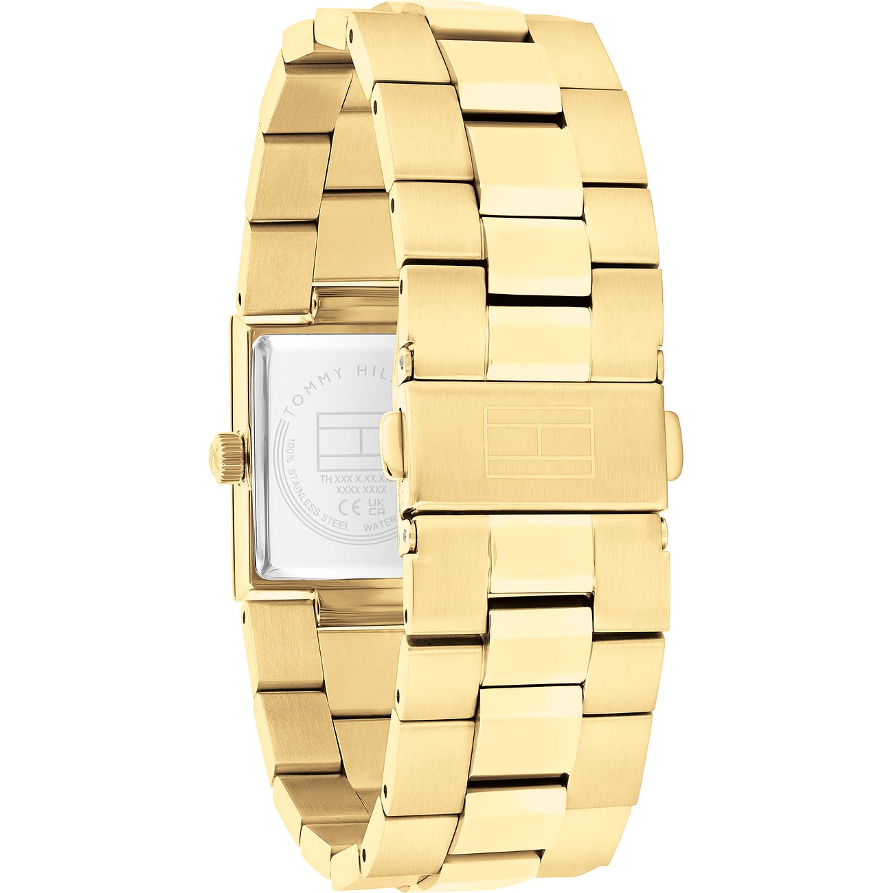 Tommy Hilfiger Damenuhr aus Edelstahl, goldfarben, mit rechteckigem Gehäuse und Gliederarmband.