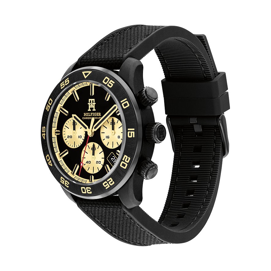 Tommy Hilfiger Herrenuhr aus schwarzem Edelstahl von der Seite, mit schwarzem Zifferblatt und goldenen Details.