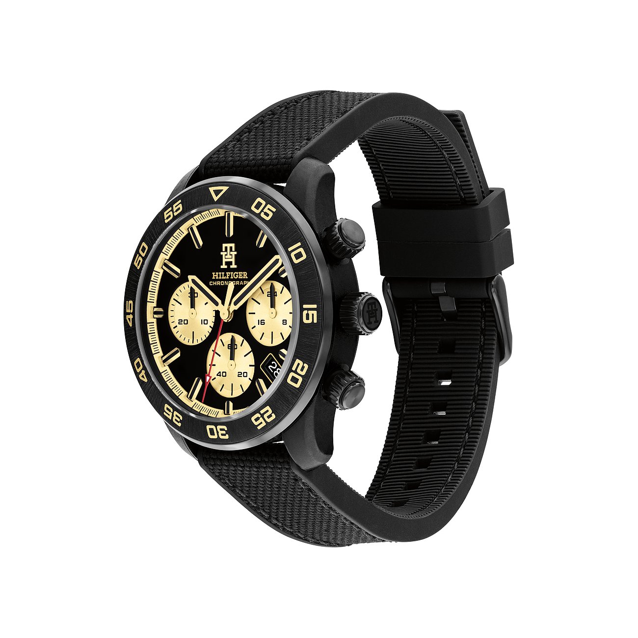 Tommy Hilfiger Herrenuhr aus schwarzem Edelstahl von der Seite, mit schwarzem Zifferblatt und goldenen Details.