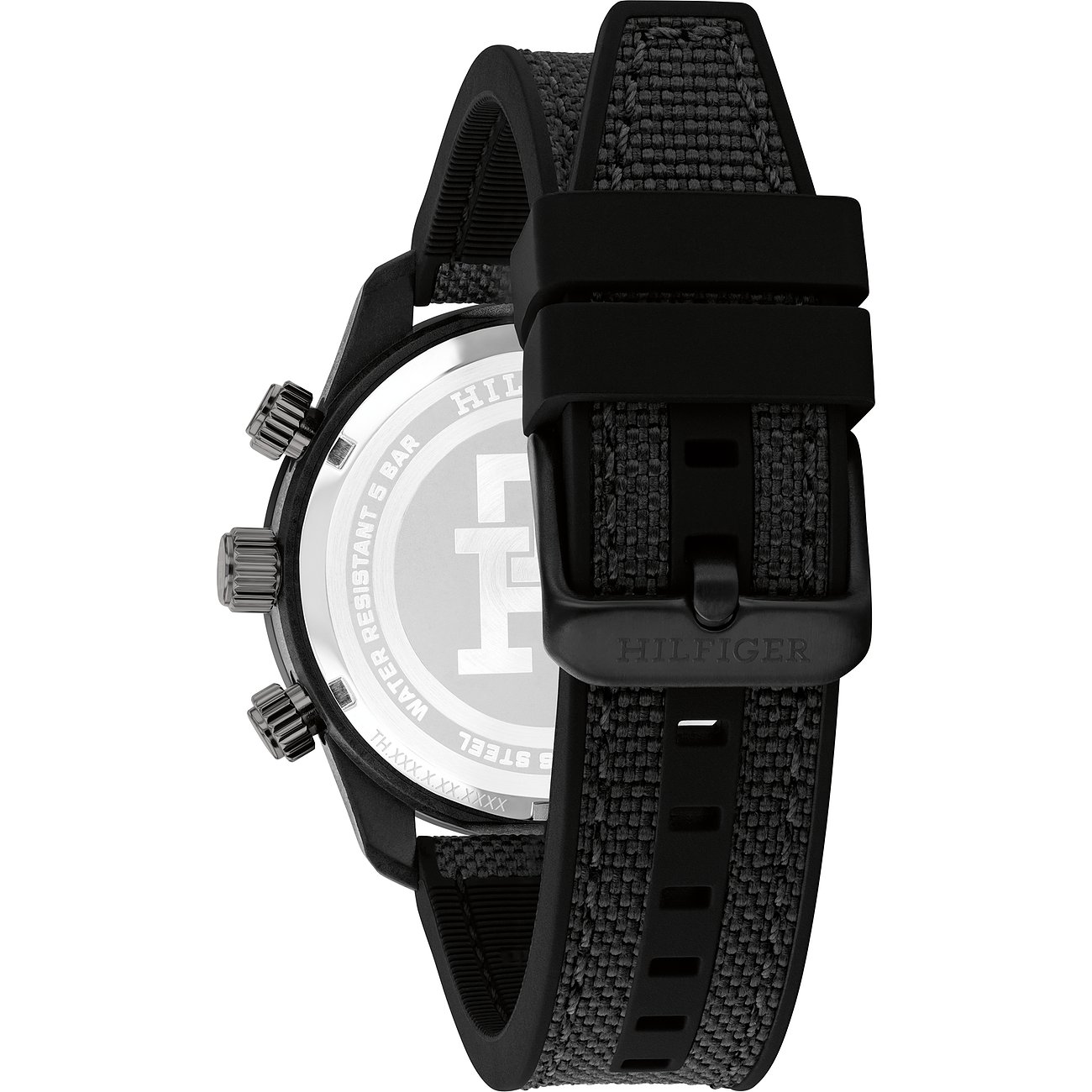 Rückansicht der Tommy Hilfiger Herrenuhr aus Edelstahl mit schwarzem Textilarmband und Hilfiger-Logo auf der Schließe.