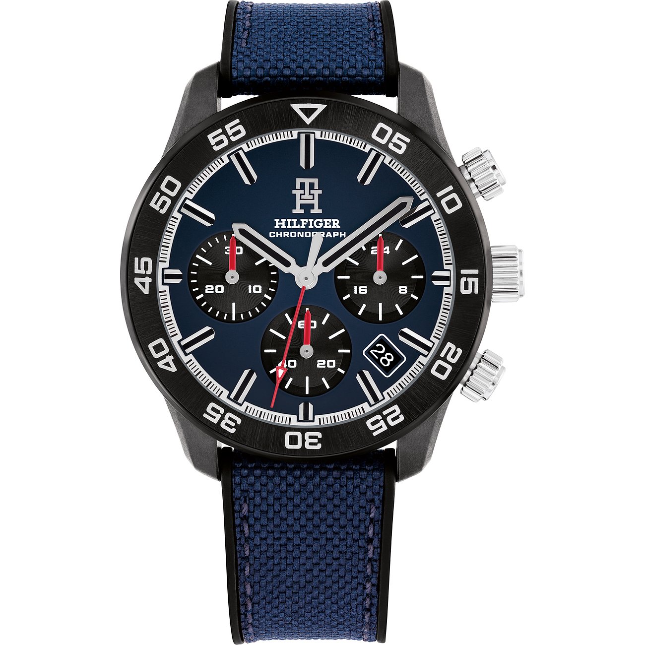 Tommy Hilfiger Herrenuhr mit Edelstahlgehäuse, blauem Zifferblatt und Chronograph.