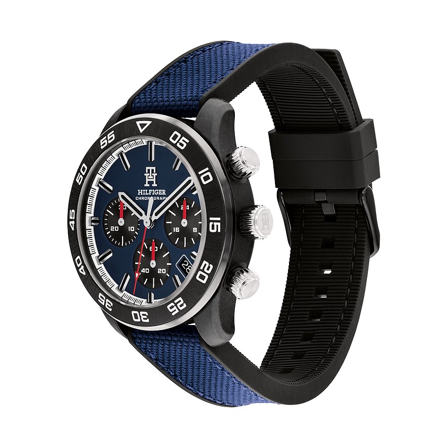 Tommy Hilfiger Herrenuhr mit Edelstahlgehäuse, blauem Zifferblatt und Chronograph.