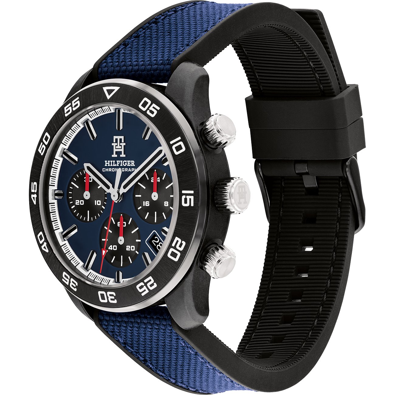 Tommy Hilfiger Herrenuhr mit Edelstahlgehäuse, blauem Zifferblatt und Chronograph.