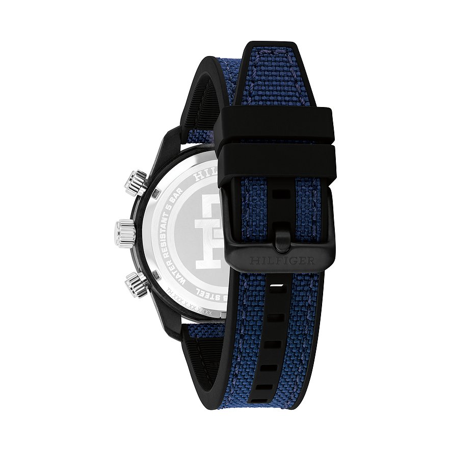Tommy Hilfiger Herrenuhr mit Edelstahlgehäuse und blauem Textilarmband.