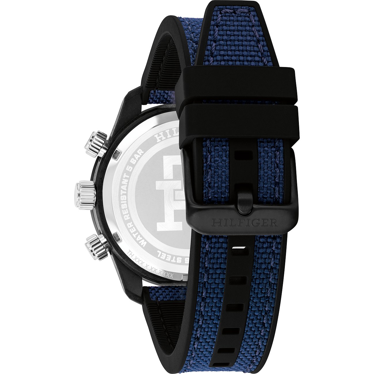 Tommy Hilfiger Herrenuhr mit Edelstahlgehäuse und blauem Textilarmband.