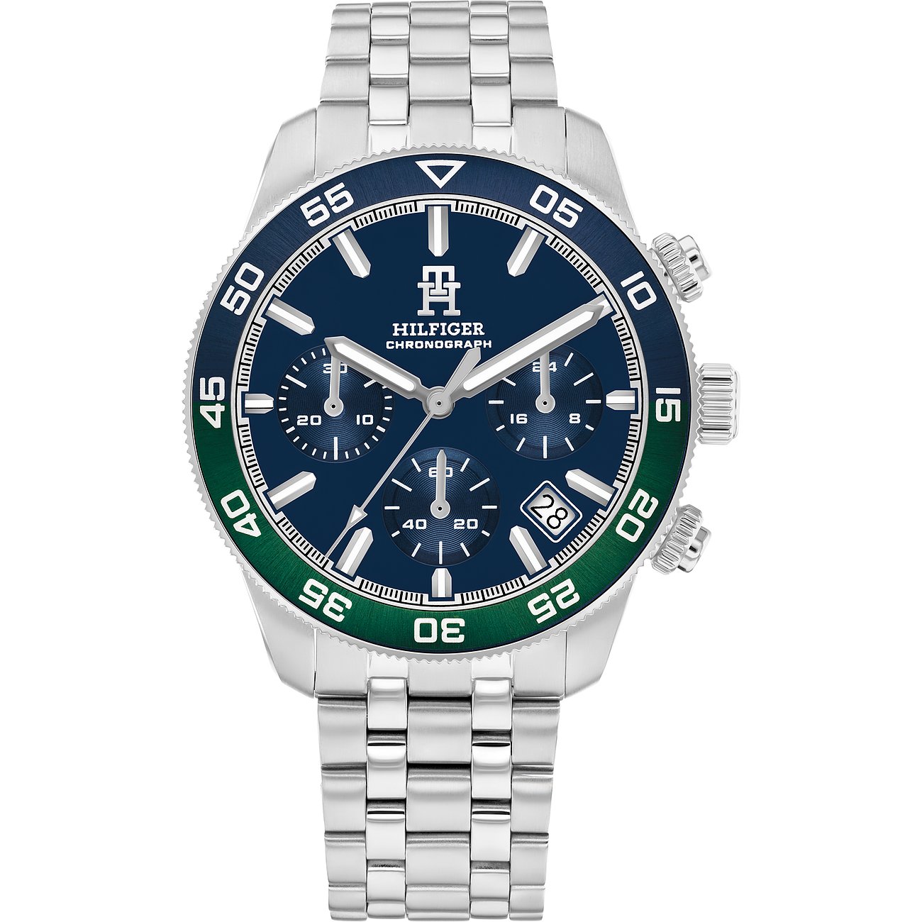 Tommy Hilfiger Herrenuhr aus Edelstahl mit marineblauem Zifferblatt, grünem Rahmen, Chronographenanzeigen und Datumsfenster.