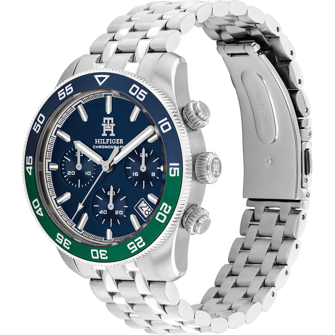 Tommy Hilfiger Herrenuhr aus Edelstahl mit blauem Zifferblatt und grün-blauer Lünette in Seitenansicht.