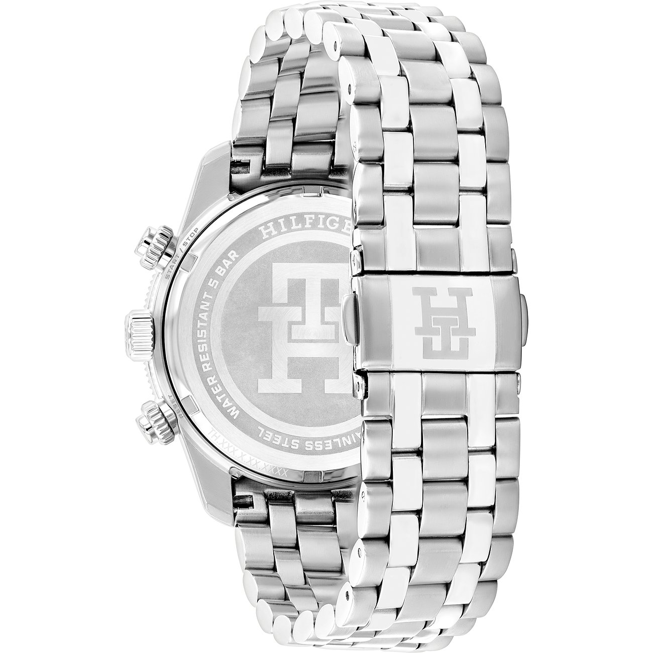 Rückseite einer Tommy Hilfiger Herrenuhr aus Edelstahl, mit Markenlogo auf dem Gehäuseboden und Verschluss.