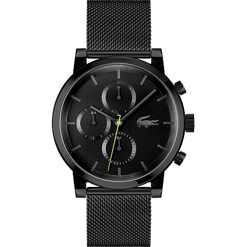 Lacoste Herrenuhr aus Edelstahl mit schwarzem Zifferblatt und Mesh-Armband.