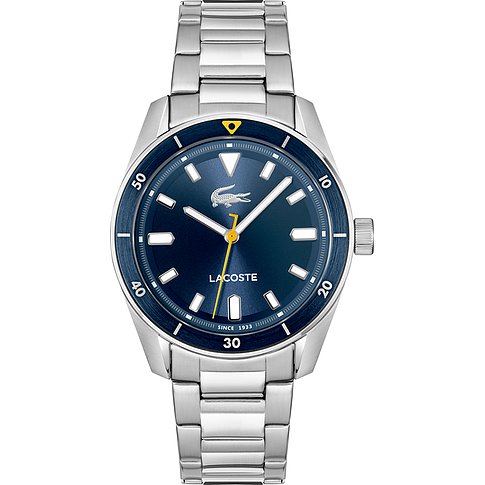Lacoste Herrenuhr mit Edelstahlgehäuse, blauem Zifferblatt und gelben Akzenten.