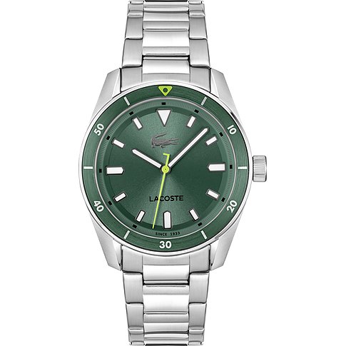 Lacoste Herrenuhr mit Edelstahlgehäuse, grünem Zifferblatt und silberfarbenem Armband.