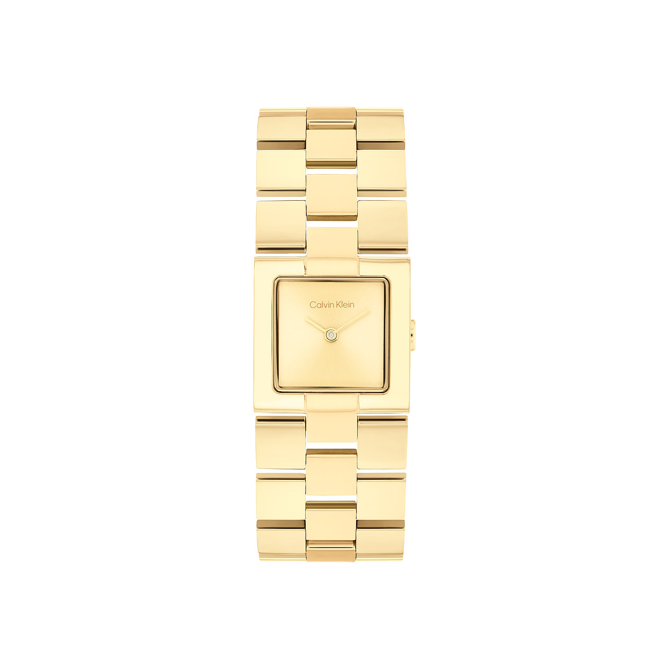 Calvin Klein Damenuhr aus Edelstahl, goldfarben, rechteckiges Gehäuse.