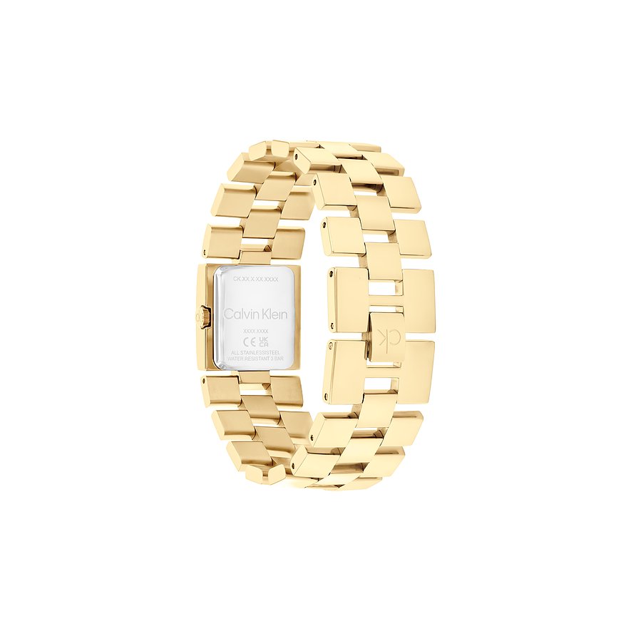 Calvin Klein Damenuhr aus Edelstahl, goldfarben, mit rechteckigem Gehäuse.