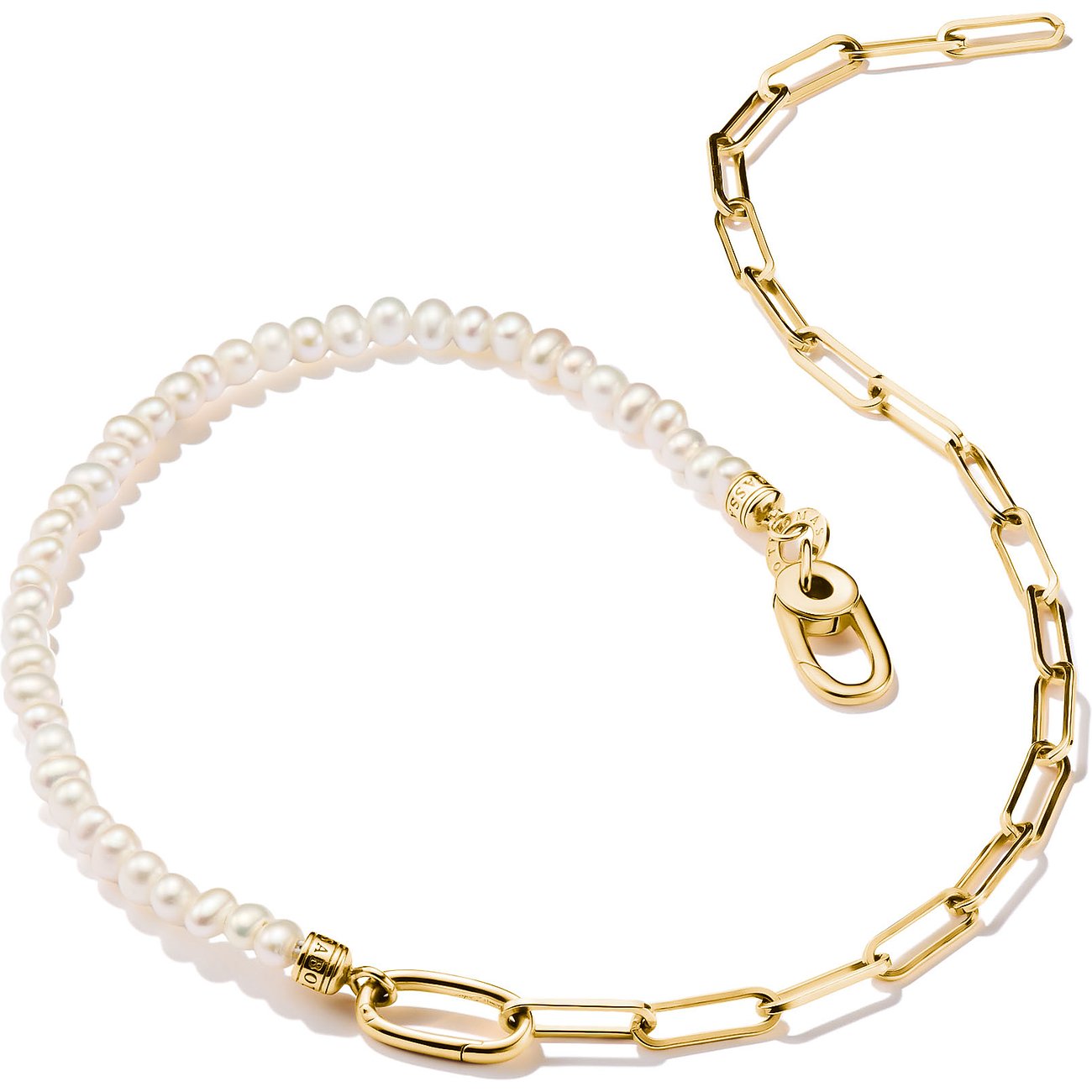 Thomas Sabo Halsschmuck aus Silber mit Perlen und Goldkette, detailliert von oben in Nahaufnahme.