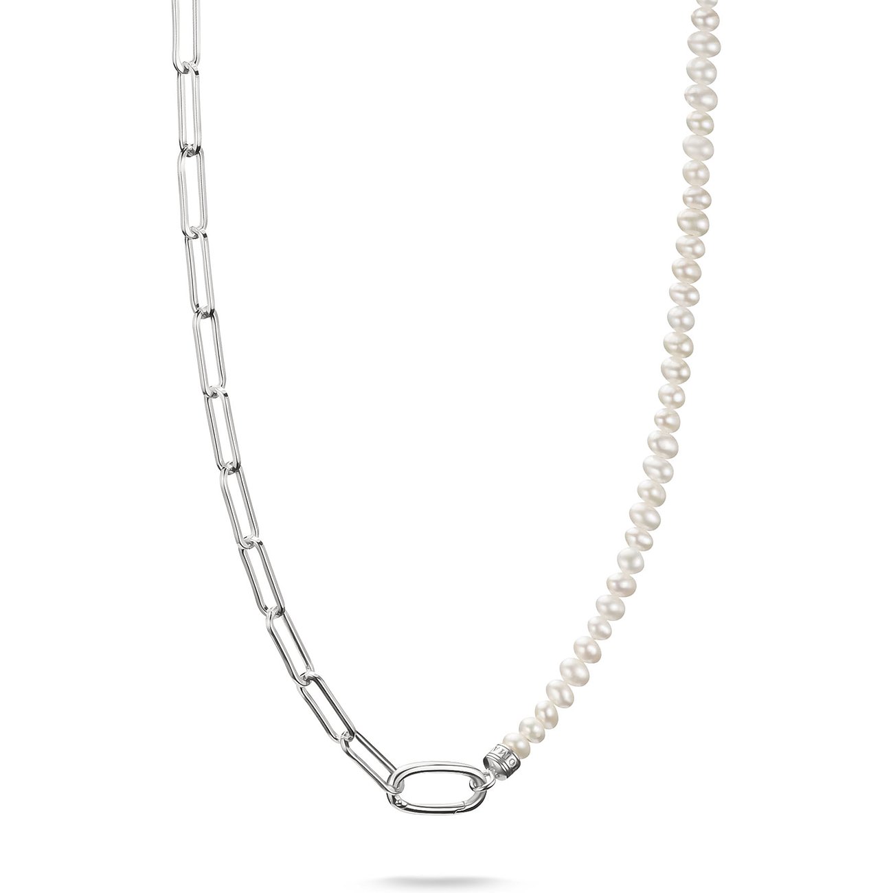 Thomas Sabo Halsschmuck aus Silber und Perlen, bestehend aus einer Hälfte Gliederkette und einer Hälfte Perlenkette.
