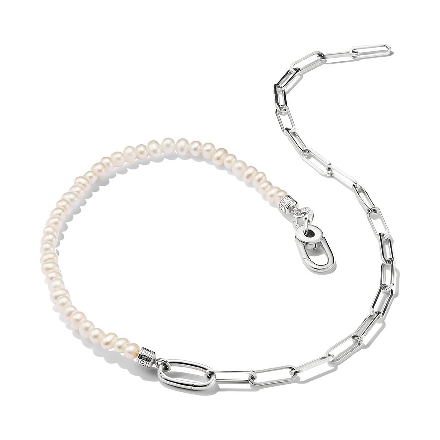 Thomas Sabo Halsschmuck aus 925er Silber und Perlen, teilweise Gliederkette, teilweise Perlenkette mit Karabinerverschluss.
