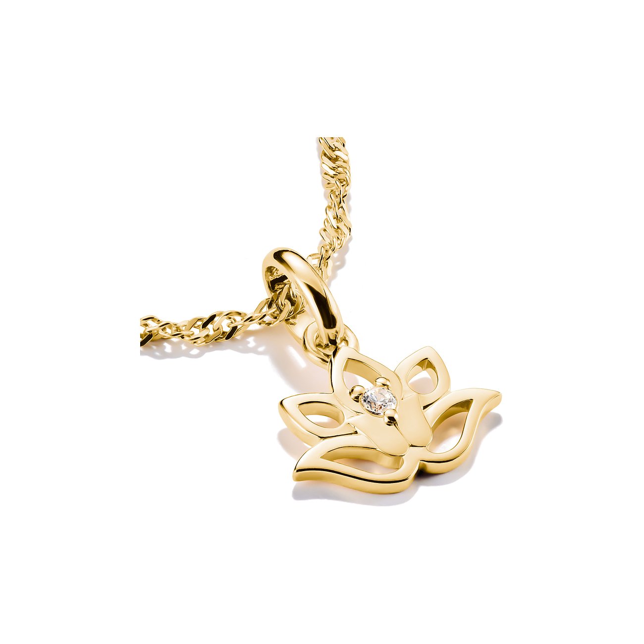 Gioiello pendente Thomas Sabo in argento riciclato placcato oro con zircone, a forma di fiore di loto dettagliato.