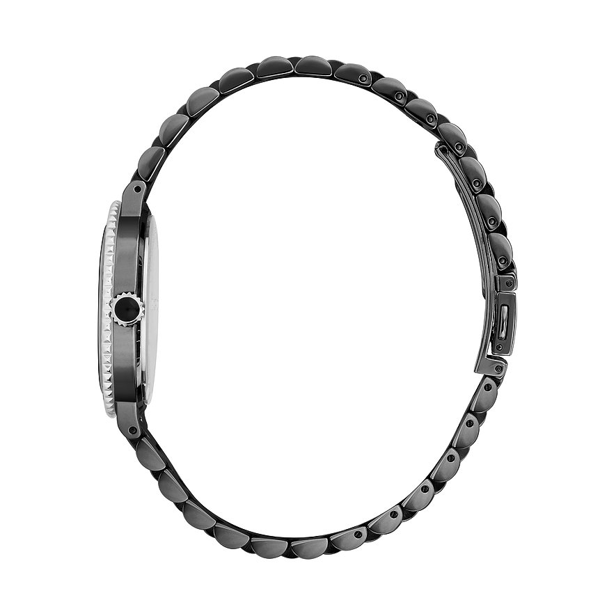 Seitenansicht der Karl Lagerfeld Damenuhr aus Edelstahl mit dunklem Gliederarmband und Gehäuse auf weißem Hintergrund.