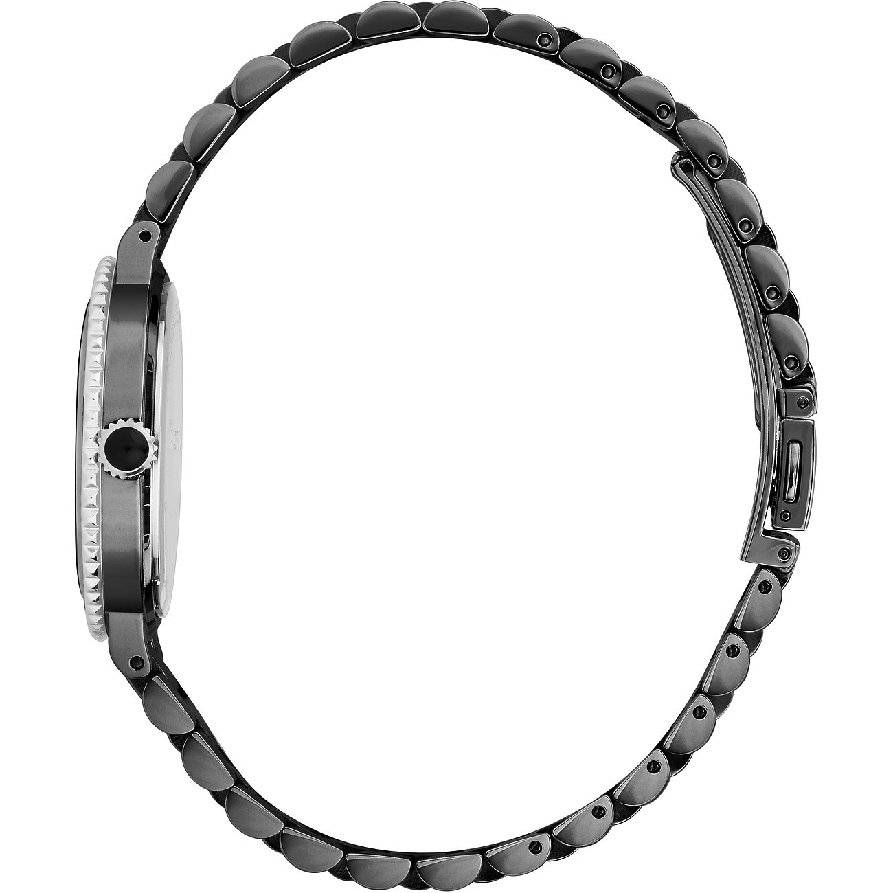 Seitenansicht der Karl Lagerfeld Damenuhr aus Edelstahl mit dunklem Gliederarmband und Gehäuse auf weißem Hintergrund.