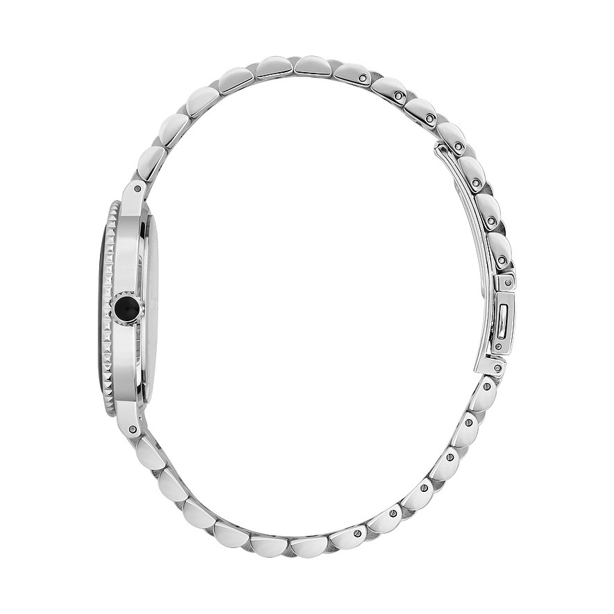 Seitenansicht der Karl Lagerfeld Damenuhr aus Edelstahl mit dunklem Zifferblatt, silbernem Gliederarmband und Schließe.