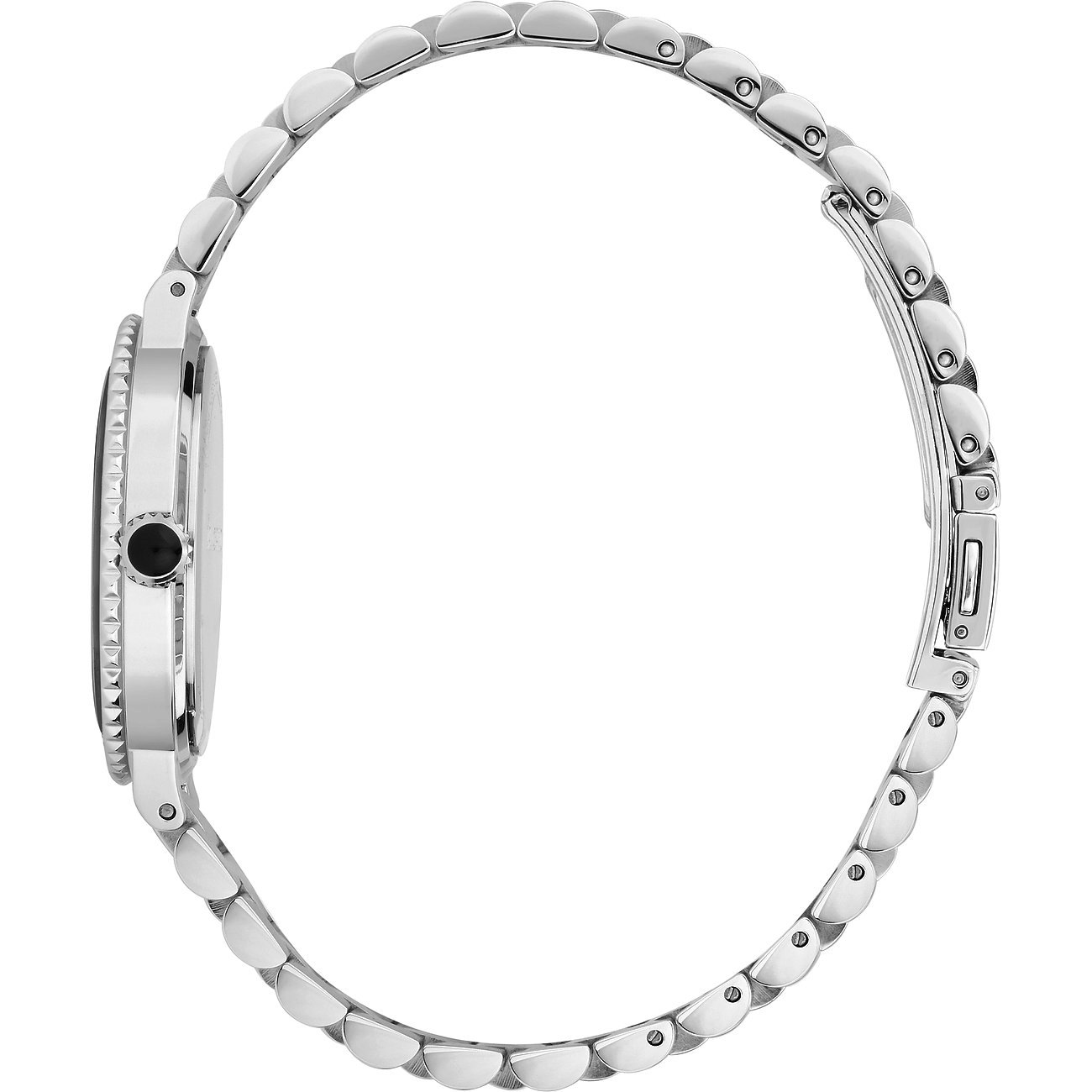 Seitenansicht der Karl Lagerfeld Damenuhr aus Edelstahl mit dunklem Zifferblatt, silbernem Gliederarmband und Schließe.