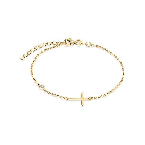 CHRIST Armband aus recyceltem, vergoldetem 925er Silber mit Zirkonia-Stein und Kreuzanhänger.