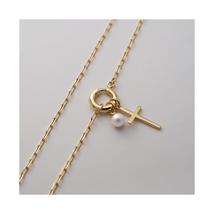 CHRIST ketting van gerecycled goudkleurig zilver met togglesluiting, parel en klein kruisje.