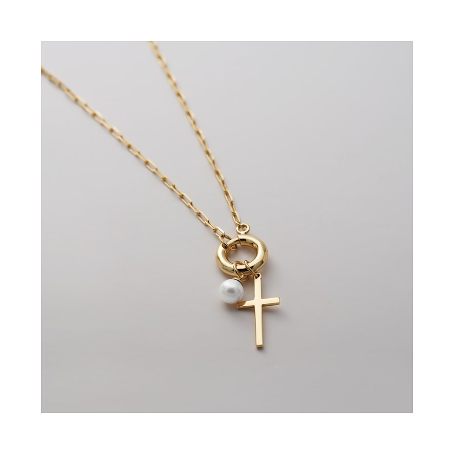 CHRIST Ketting van goudkleurig, gerecycled zilver met ronde hanger, kruis en witte parel.