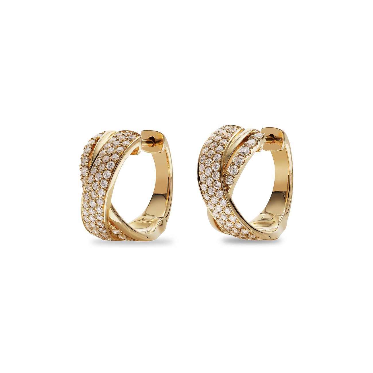 CHRIST Ohrschmuck aus Gelbgold mit Diamanten, bestehend aus zwei kreuzförmigen Creolen, die mit Diamanten besetzt sind.