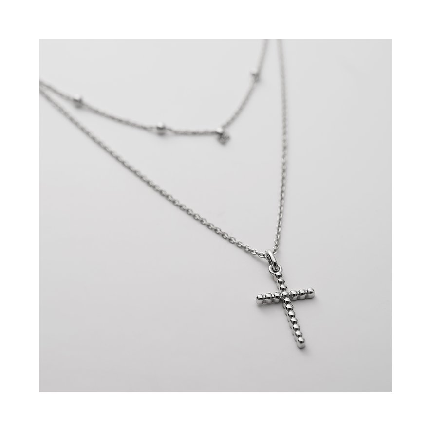 CHRIST Halskette aus recyceltem 925er Silber mit Kreuzanhänger, der aus kleinen Kügelchen geformt ist.