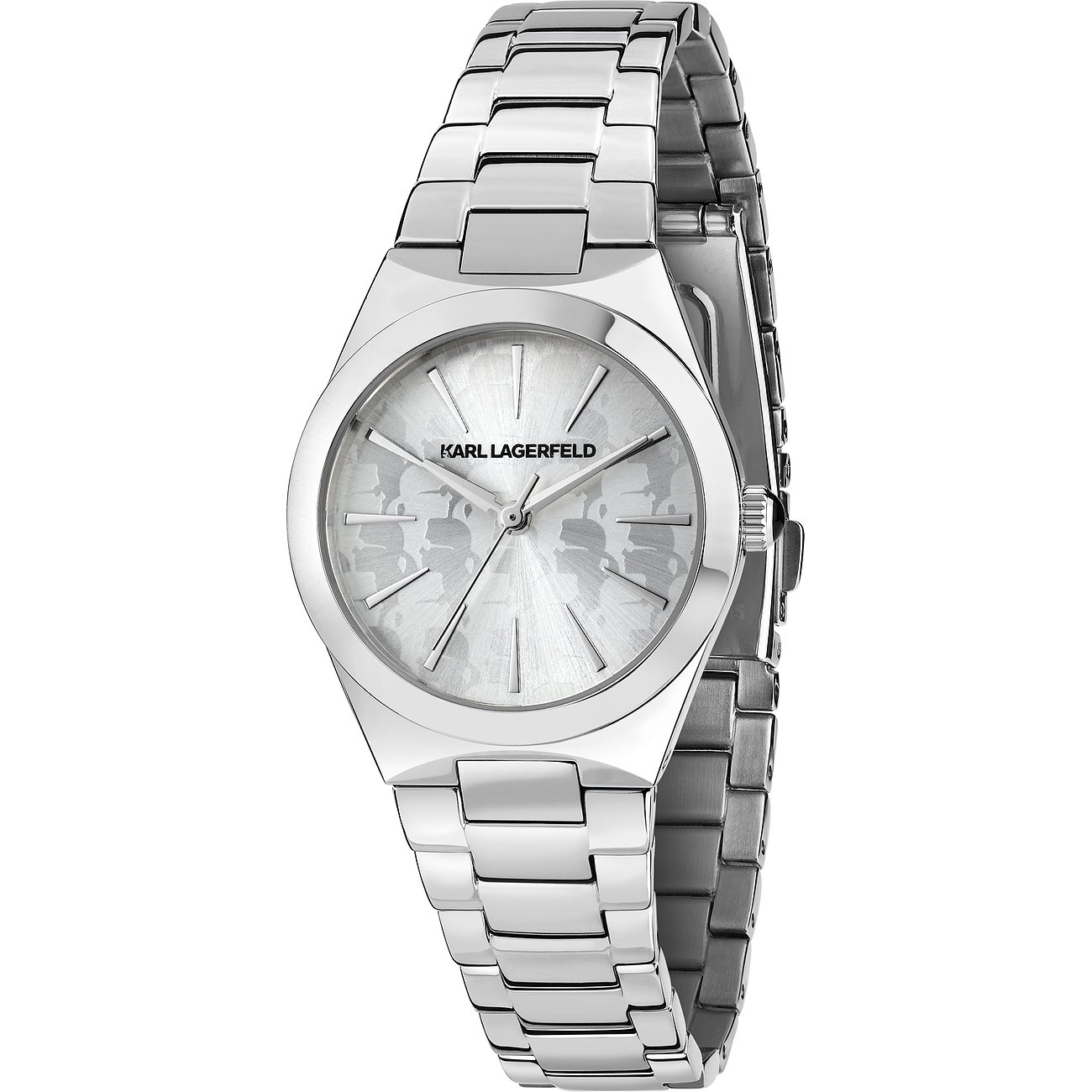 Karl Lagerfeld Damenarmbanduhr aus Edelstahl mit silbernem Zifferblatt und Weltkarten-Motiv.