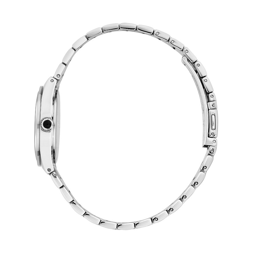 Seitenansicht der Karl Lagerfeld Damenuhr aus poliertem Edelstahl mit Kettengliederarmband und schwarzer Krone.