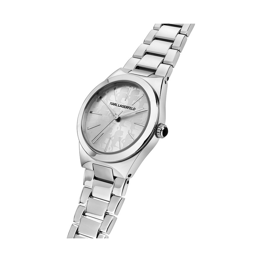 Karl Lagerfeld Damenuhr aus Edelstahl mit glänzendem Armband und hellem Zifferblatt mit Musterung.