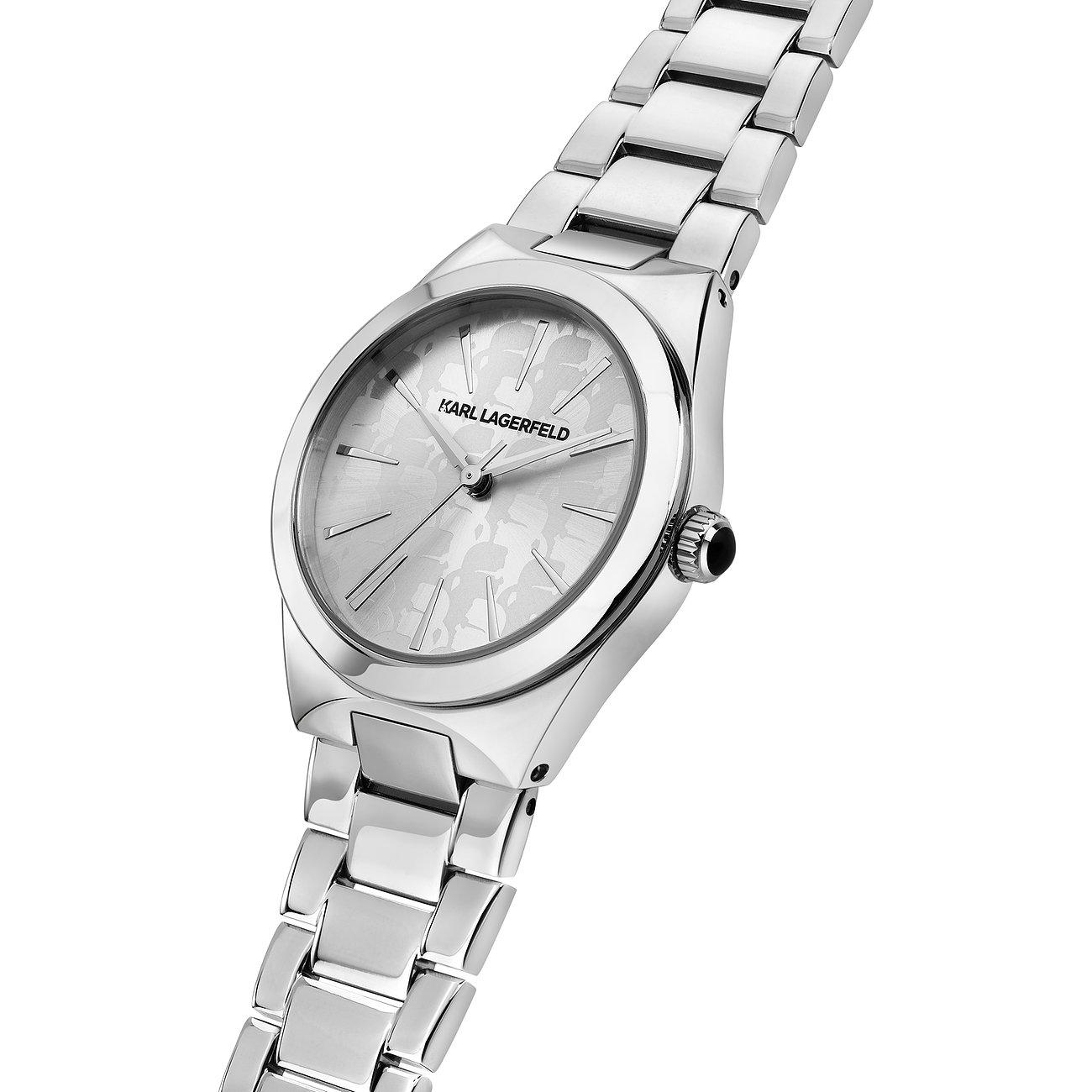 Karl Lagerfeld Damenuhr aus Edelstahl mit glänzendem Armband und hellem Zifferblatt mit Musterung.