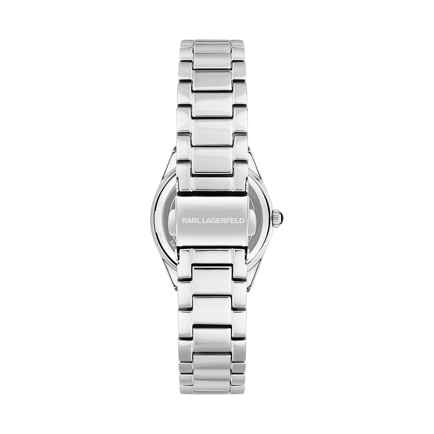 Rückansicht einer Karl Lagerfeld Damenuhr aus poliertem Edelstahl mit graviertem Karl Lagerfeld Logoverschluss in der Mitte.
