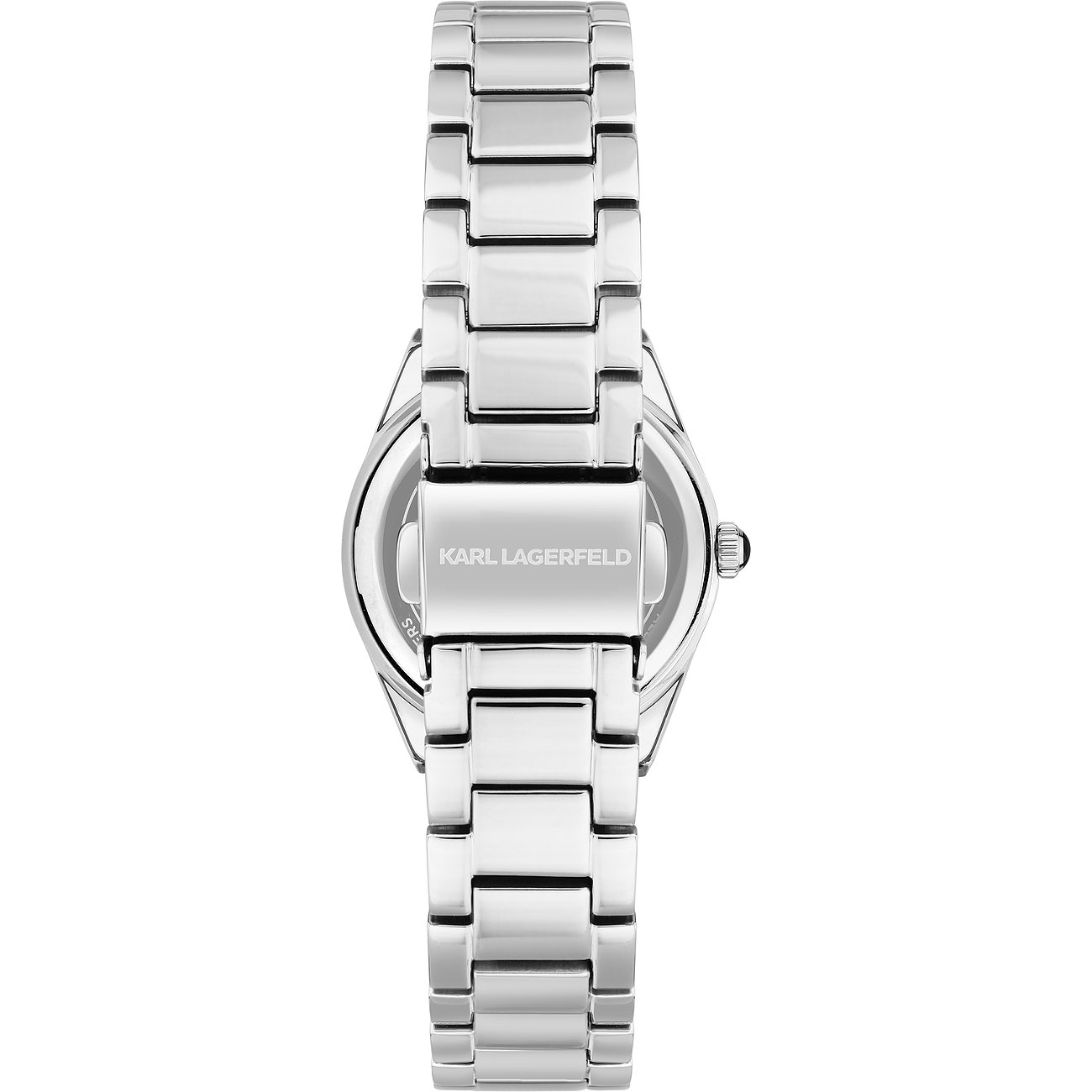 Rückansicht einer Karl Lagerfeld Damenuhr aus poliertem Edelstahl mit graviertem Karl Lagerfeld Logoverschluss in der Mitte.