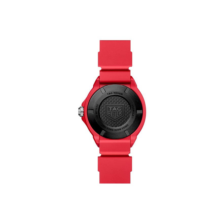 Rückansicht der TAG Heuer Unisexuhr aus Edelstahl, mit einem roten Armband und dem schwarzen Gehäuseboden