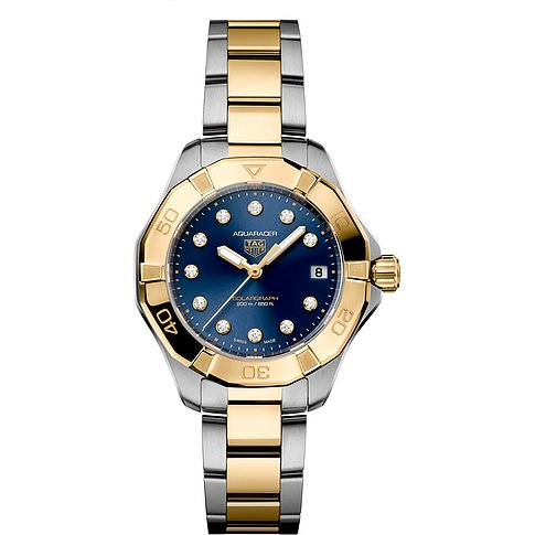 TAG Heuer Damenuhr aus Edelstahl mit goldenen Akzenten und Diamanten auf blauem Zifferblatt