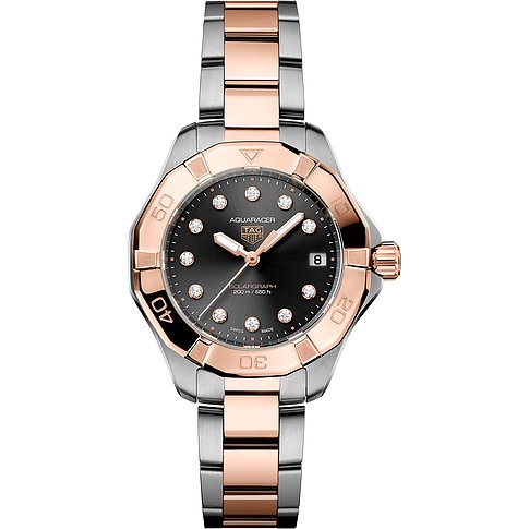 TAG Heuer Damenuhr Aquaracer Solargraph aus Edelstahl mit roségoldenen Akzenten und Diamanten.