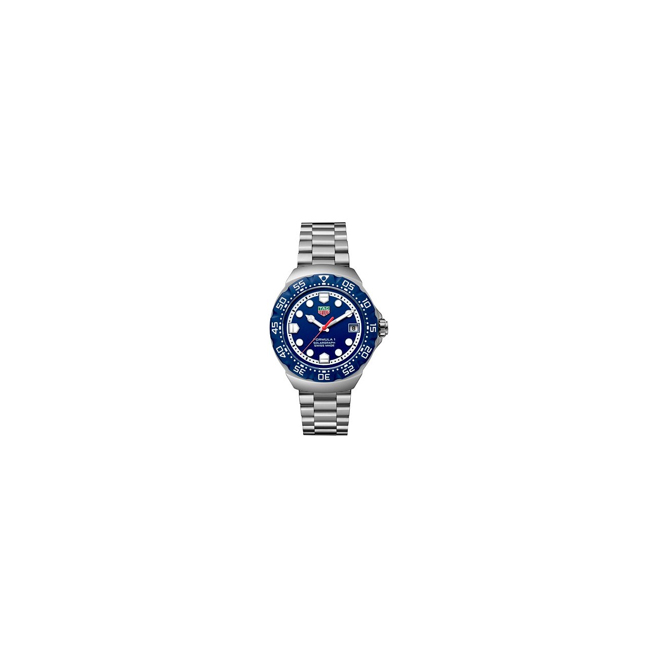 TAG Heuer Unisexuhr aus Edelstahl mit blauem Zifferblatt und silbernem Armband, Vorderansicht.