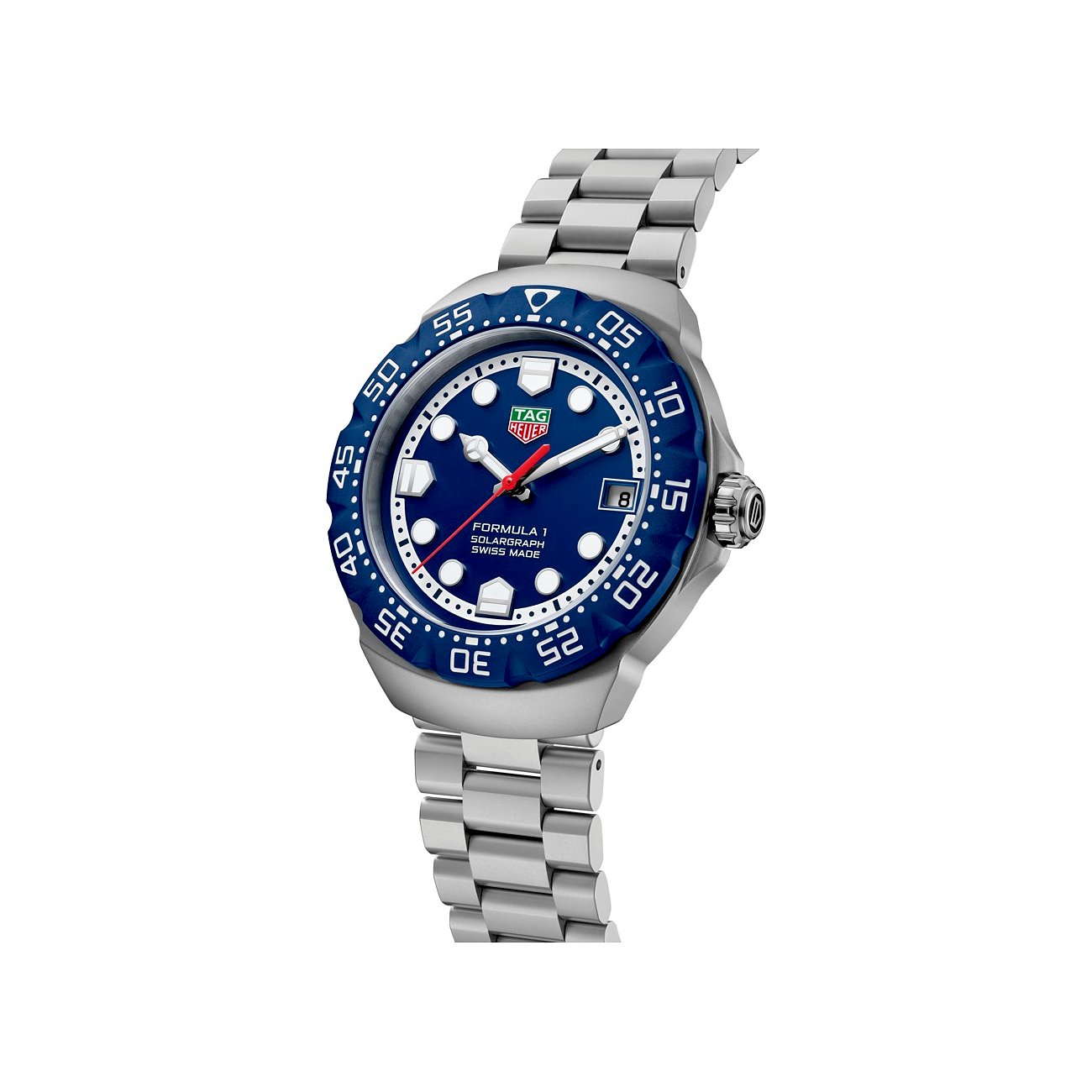 TAG Heuer Unisexuhr aus Edelstahl mit blauem Zifferblatt und Lünette, Datumsanzeige und silberweißem Armband.