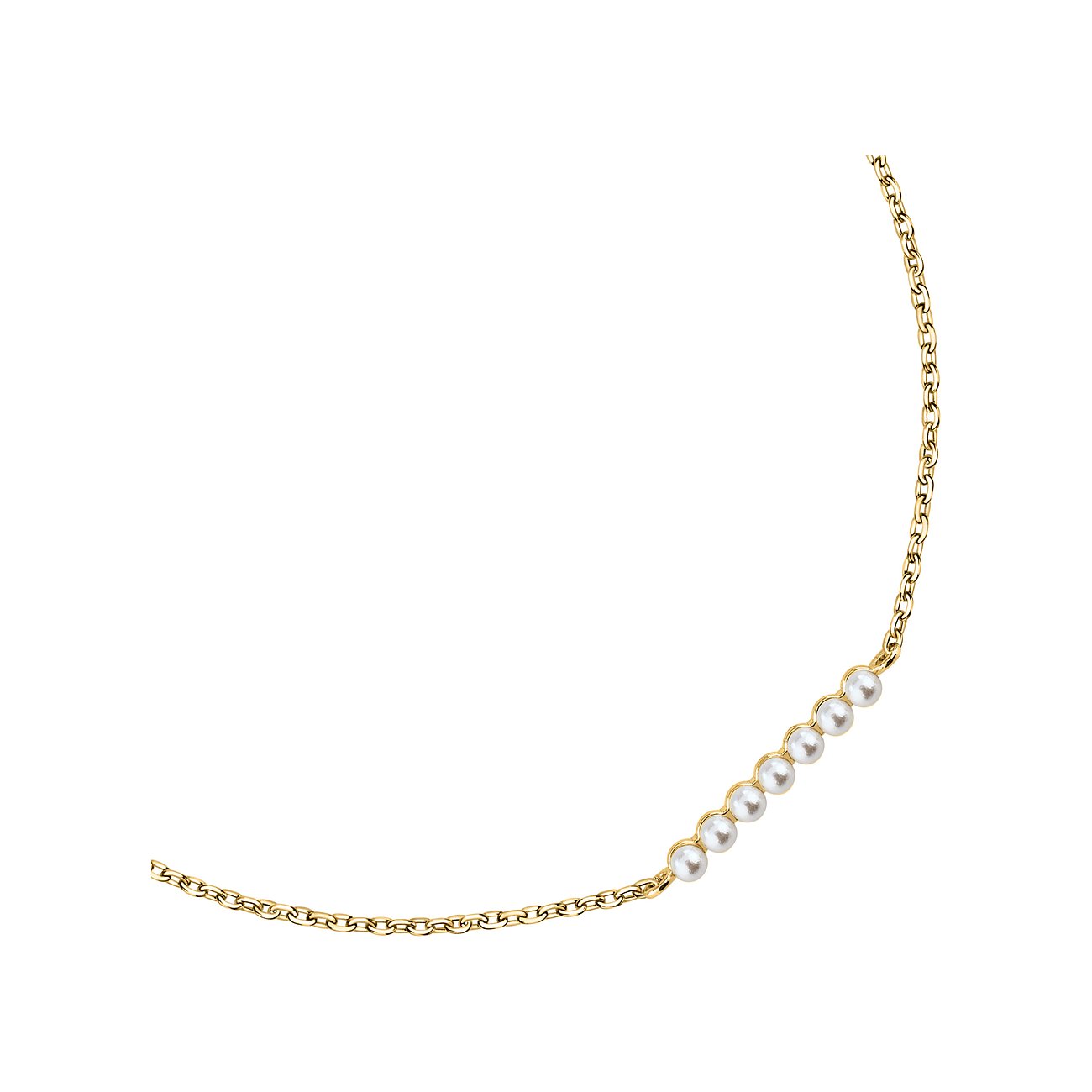 La Petite Story Silber Armschmuck mit acht weißen Perlen, die diagonal an einer goldfarbenen Kette befestigt sind.
