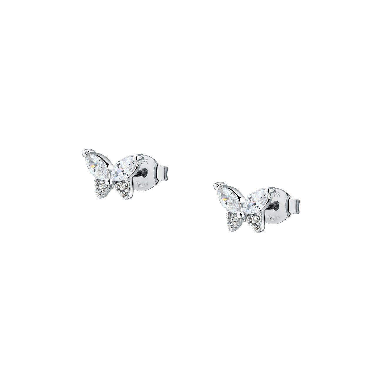 Ein Paar La Petite Story Ohrstecker aus rhodiniertem Silber, geformt als Schmetterlinge mit Zirkonia-Farbsteinen.