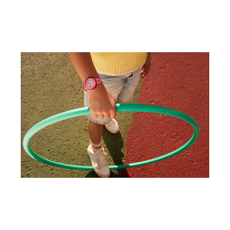 Flik Flak børneur i plastik, pink, med blomstermønster og zirkonia.