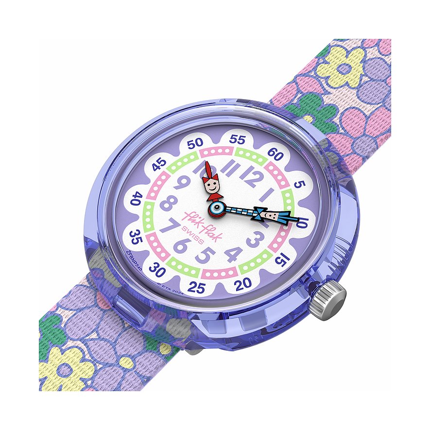 Flik Flak børneur med plastikkasse og farverigt blomstermønster rem.