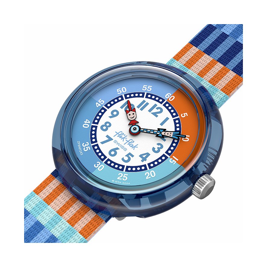 Flik Flak Kinderuhr mit Kunststoffgehäuse, blau, analog, mit Motivzeigern.