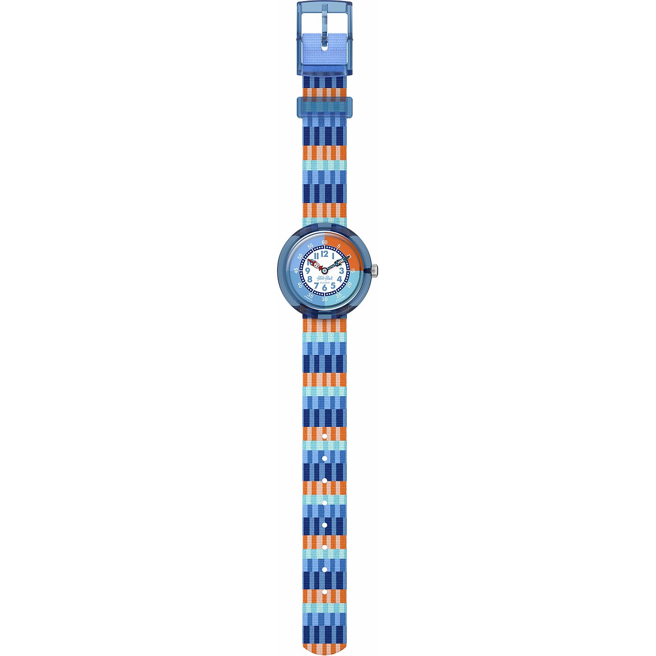Flik Flak Kinderuhr mit Kunststoffgehäuse, analog, bunte Streifen.