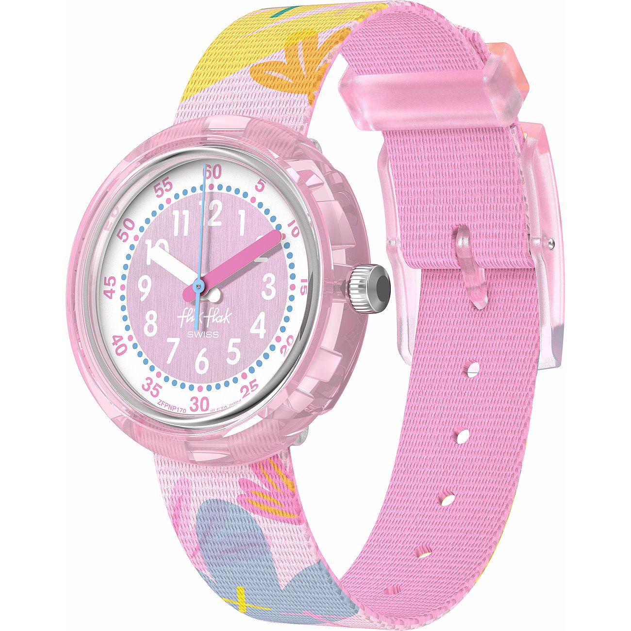 Flik Flak Kinderuhr mit Kunststoffgehäuse, analog, pinkes Zifferblatt mit Blumen.